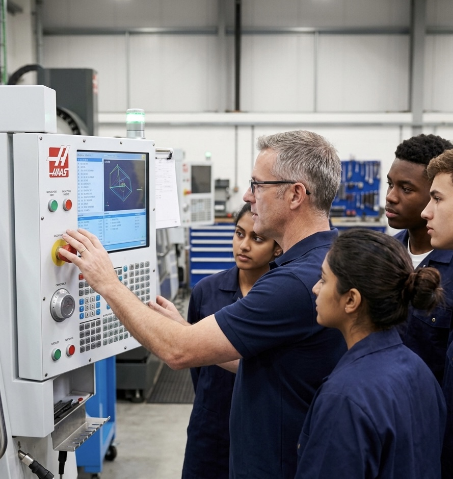 Manufacturing supervisor training a team on CNC machine controls in Cambridge